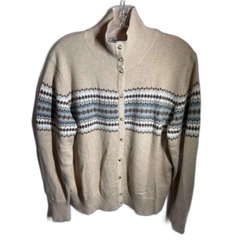 Eddie Bauer Collectibles Women XL Fair Isle Angora Cardigan Oatmeal Blue Nordic